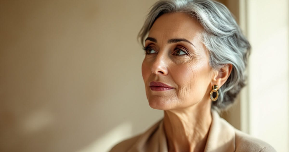 Mulher madura com aparência natural, ilustrando a diferença entre bolsas e edema malar na região abaixo dos olhos.
